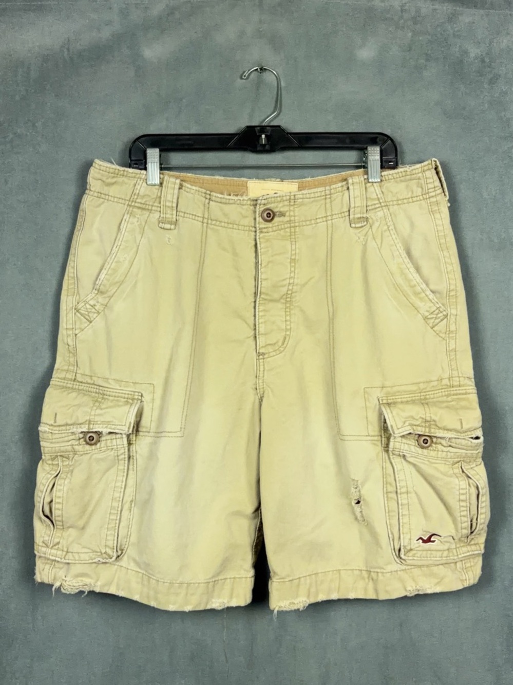 Y2K Hollister Cargo Shorts Mens Size 34 Actual 36 Beige Khaki Utility Distress